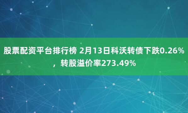 股票配资平台排行榜 2月13日科沃转债下跌0.26%，转股溢价率273.49%